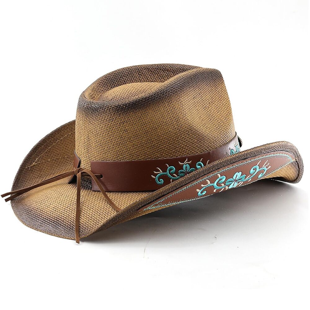 5687 Men & Women's Woven Straw Cowboy Cowgirl Hat New Western Style Classic - Picture 4 of 4